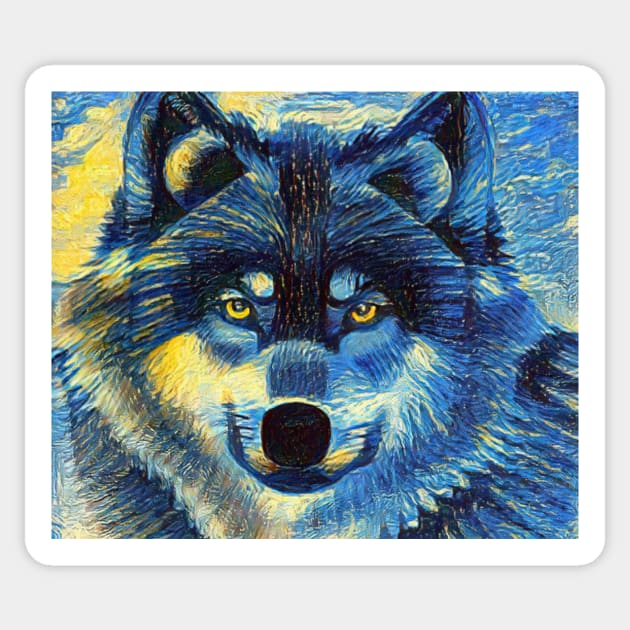 Alpha Wolf Portrait - Blue Wolf Vincent Van Gogh Impressionist Style Sticker by BubbleMench